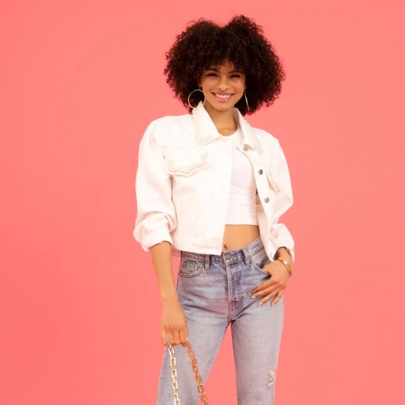White jean jacket with pearl embellishes from Vici Collection. - Picture 3 of 4
